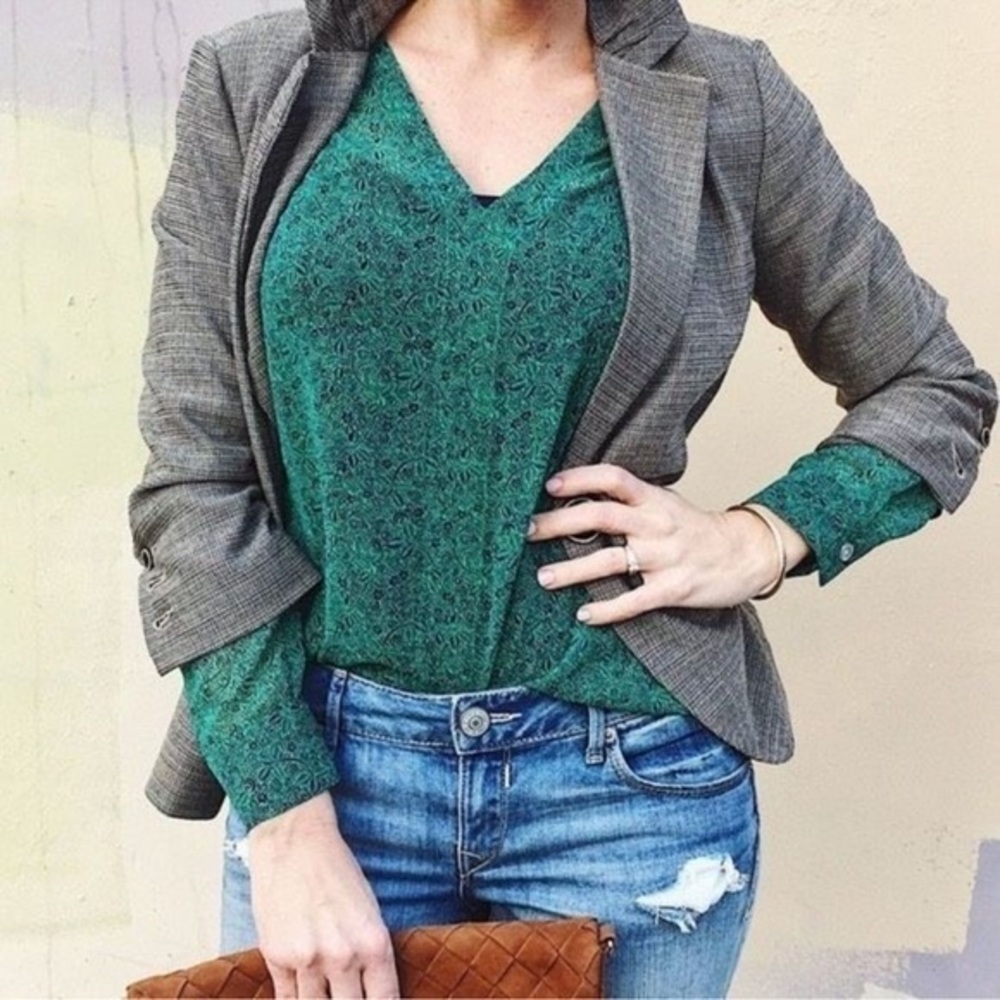 CAbi Women’s Bountiful Emerald Blouse Floral Back Cut Out Sheer Green & Navy S